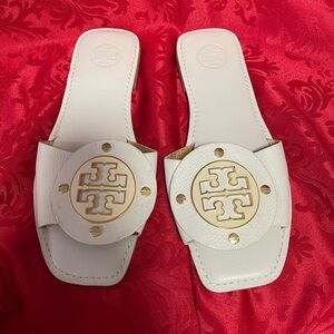Tory Burch Cream and Gold Logo Slides